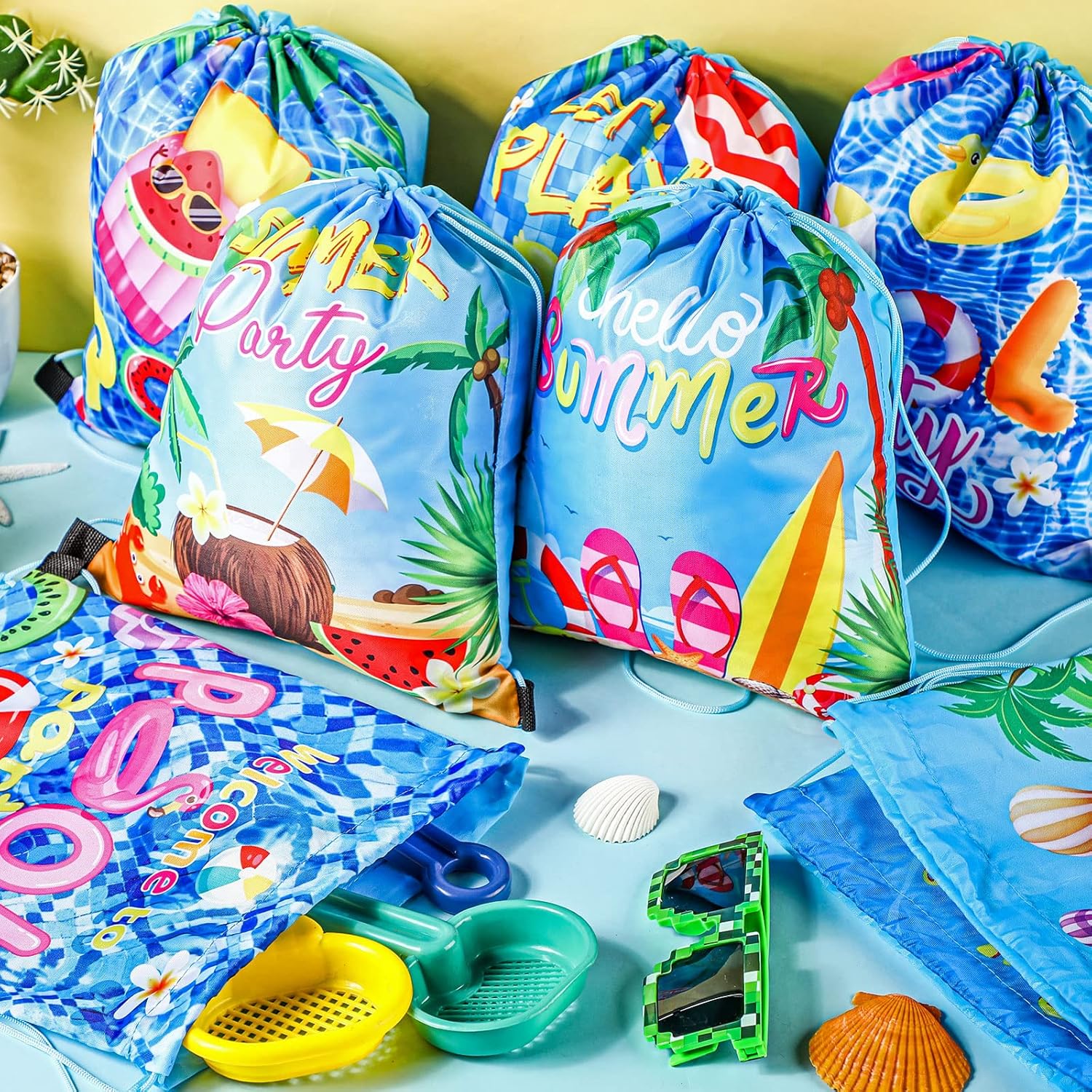 Hosuly 24 Pcs Pool Party Favor Drawstring Bags Gift Hawaiian Backpack Favors Goodie Candy Treat Bags Beach for Birthday Bridal Shower Beach Hawaiian Party Supplies